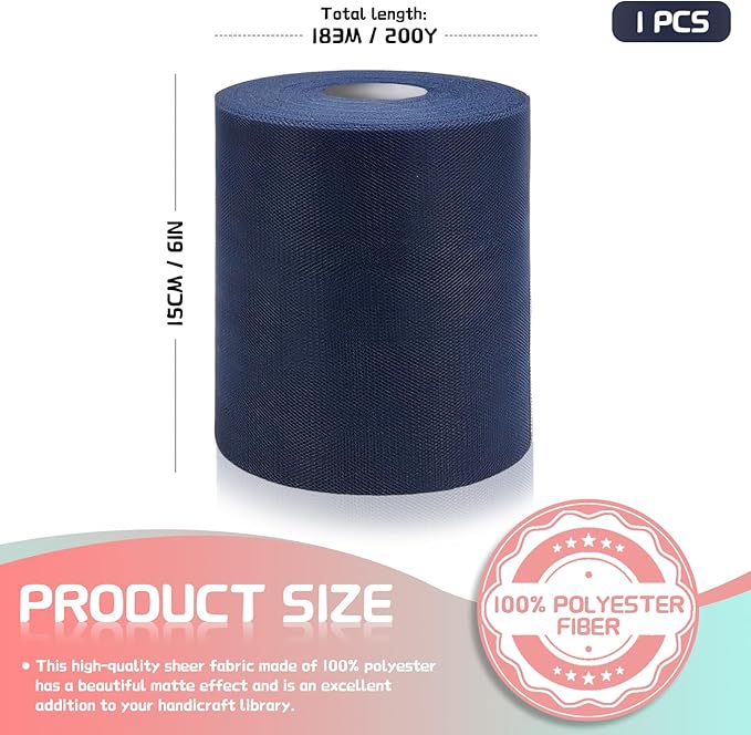 6" x 200 Yards Navy Blue Tulle Fabric Rolls, Blue Spool Tulle Ribbon for DIY Tutu Skirt Wedding Decoration Baby Shower Birthday Party Backdrop Gift Wrapping Bow Craft Supplies