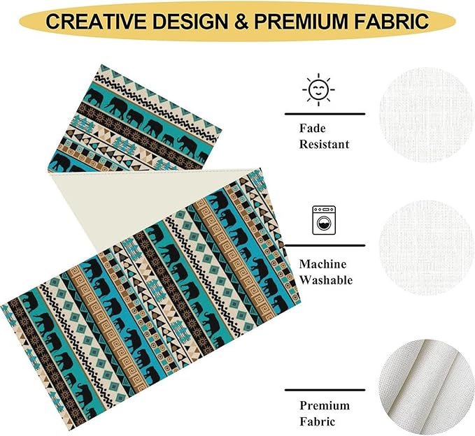 Boho Table Runner, Rustic Aztec Blue Teal African Elephant Tribal Ethnic Native Farmhouse Table Center Decor for Home Kitchen Dining Patio Holiday Party Indoor Outdoor Table Decorations, 13"x90" Inch