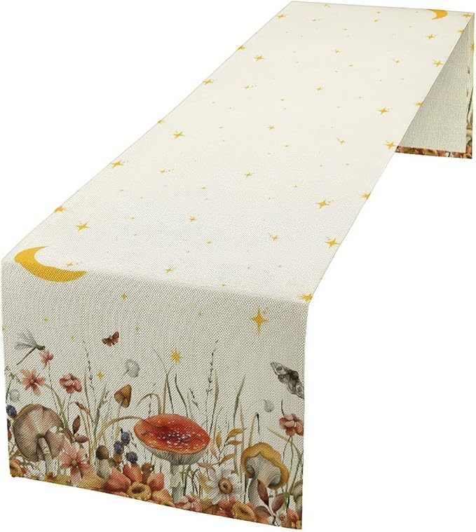 Mushroom Kitchen Table Runner, Gothic Moon Star Plants Witchy Moonlit Flower Butterfly Table Runner for Kitchen Dinner Living Room Drapes, 13x90 Inch White