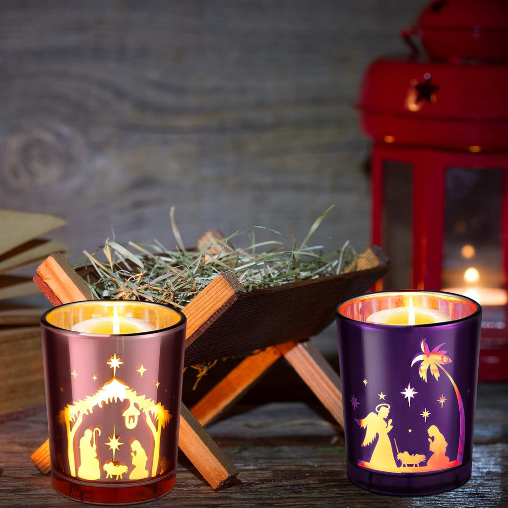 4 Pcs Christmas Advent Candle Holder Nativity Scene Candle Holder Glass Purple and Pink Tealight Candle Holders for Holiday Xmas Wedding Church Home Decor, 4 Styles