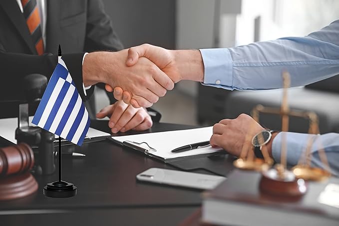 Greece Greek Deluxe Desk Flag Set, Small Mini Miniature Greece Greek Table Desktop Flags With Solid Pole, Black Base and Spear Top(2 Pack)
