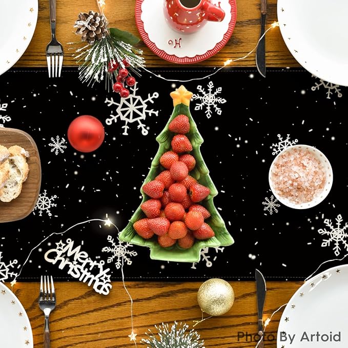 Artoid Mode Black Snowman Snowflake Let it Snow Winter Table Runner, Christmas Kitchen Dining Table Decoration for Home Party Decor 13x60 Inch