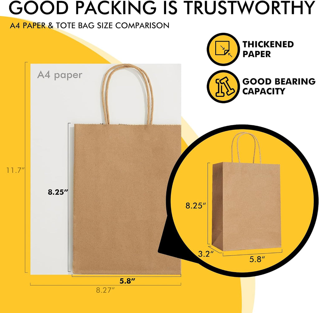 100 Pack 5.8x3.2x8.25 Inch Brown Kraft Paper Gift Bags with Handles - Bulk Small Plain Natural Bags for Birthday Party Favors, Grocery, Retail Shopping, Wedding, Craft, Goody, Takeouts, and Business