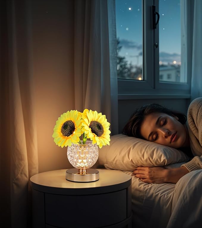 Sunflowers Lamp,Rechargeable Cordless Touch Table Lamp,3-Colour Infinitely Dimming Small Night Light for Home Decor/Restaurant/Bar/Coffee Shop,Gifts for Women/Mom
