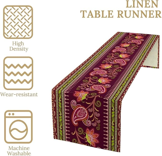 Dark Red Paisley Table Runner, Vintage Boho Paisley Flowers Geometric Print Table Cover for Farmhouse Wedding Party Home Kitchen Dining Table, 13x120inch