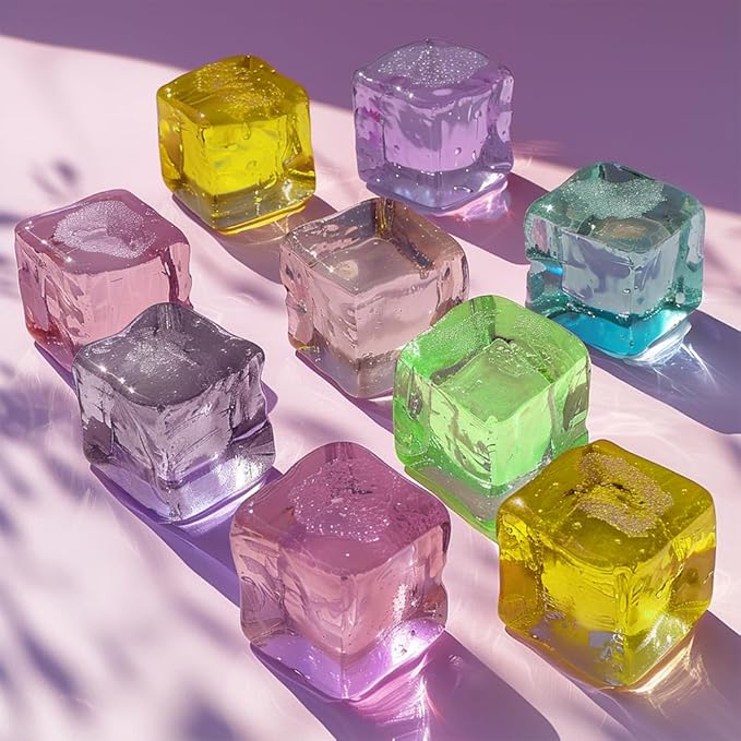 HappyFiller 76 PCS Crystal Square Small Acrylic Ice Cubes Clear Artificial Ice Rocks for Photography Props,Food Display,Vase Filler,Table Scatters,Crafts,0.7 Inch, Multi Colors