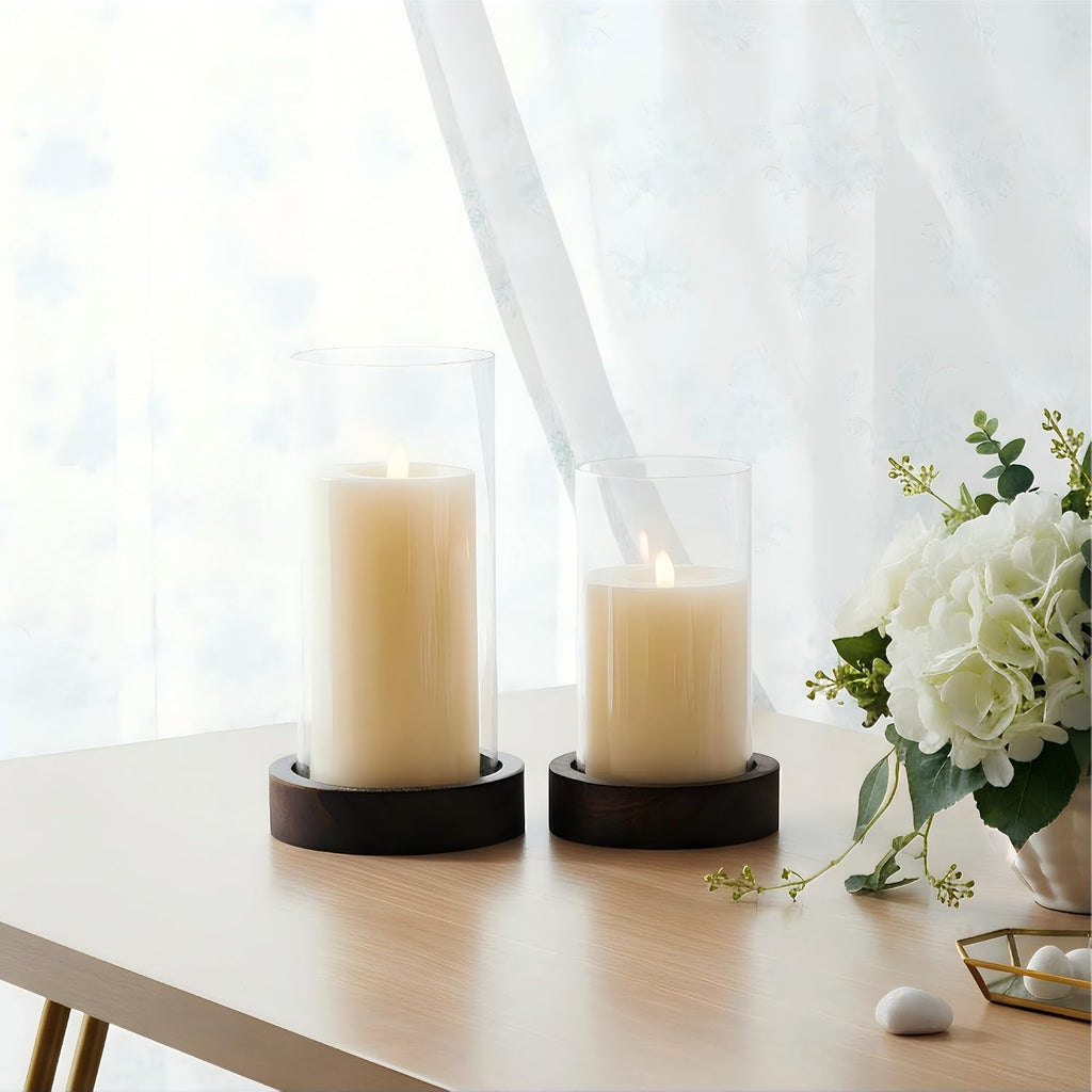 Ronasip Set of 2 Hurricane Candle Holders with Wood Base & Glass Cylinder (4.2x5.9” & 4.6x7.8”) – Rustic Wooden Candle Holders for Home Decor, Weddings, Table Centerpieces (2, Brown)