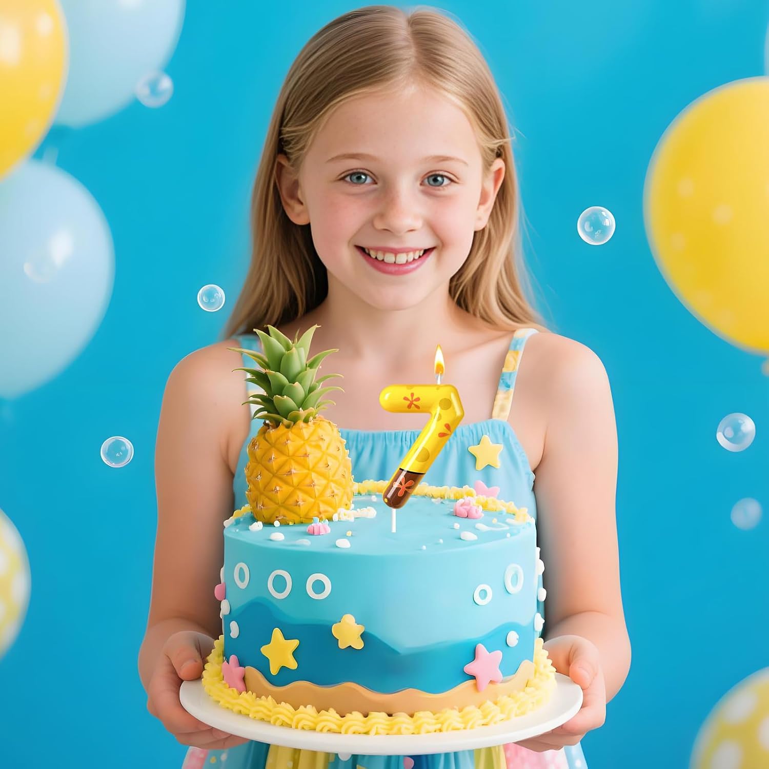 Number 7 Birthday Candle, 7th Birthday Cake Decoration, Playful Yellow and Polka Dot Print, Suitable for Ocean Cartoon Theme Party Supplies and Celebration Decorations(Yellow 7)