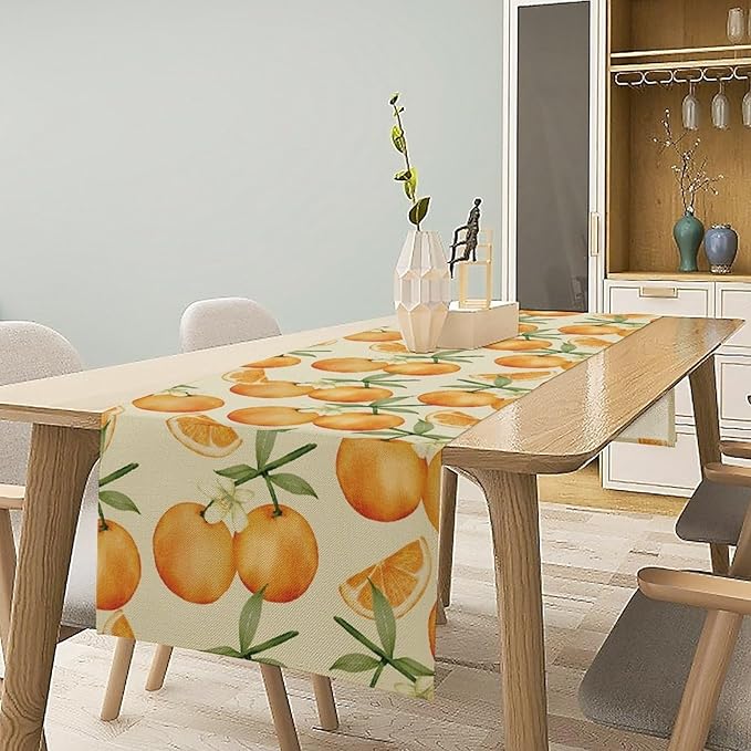 Spring Summer Orange Citrus Table Runner Watercolor Sweet Fruit Botanical Print Dinner Runner for Farmhouse Baby Shower Party Holiday Home Kitchen Dining Table Decor 13x108