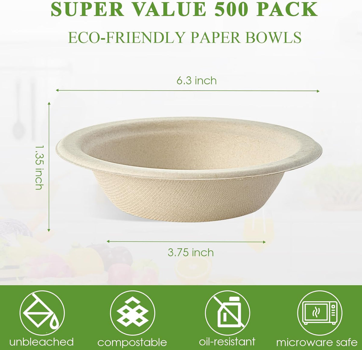 Vplus 500 Pack 12 OZ Compostable Paper Bowls, Bagasse Bowls Bulk，Nature