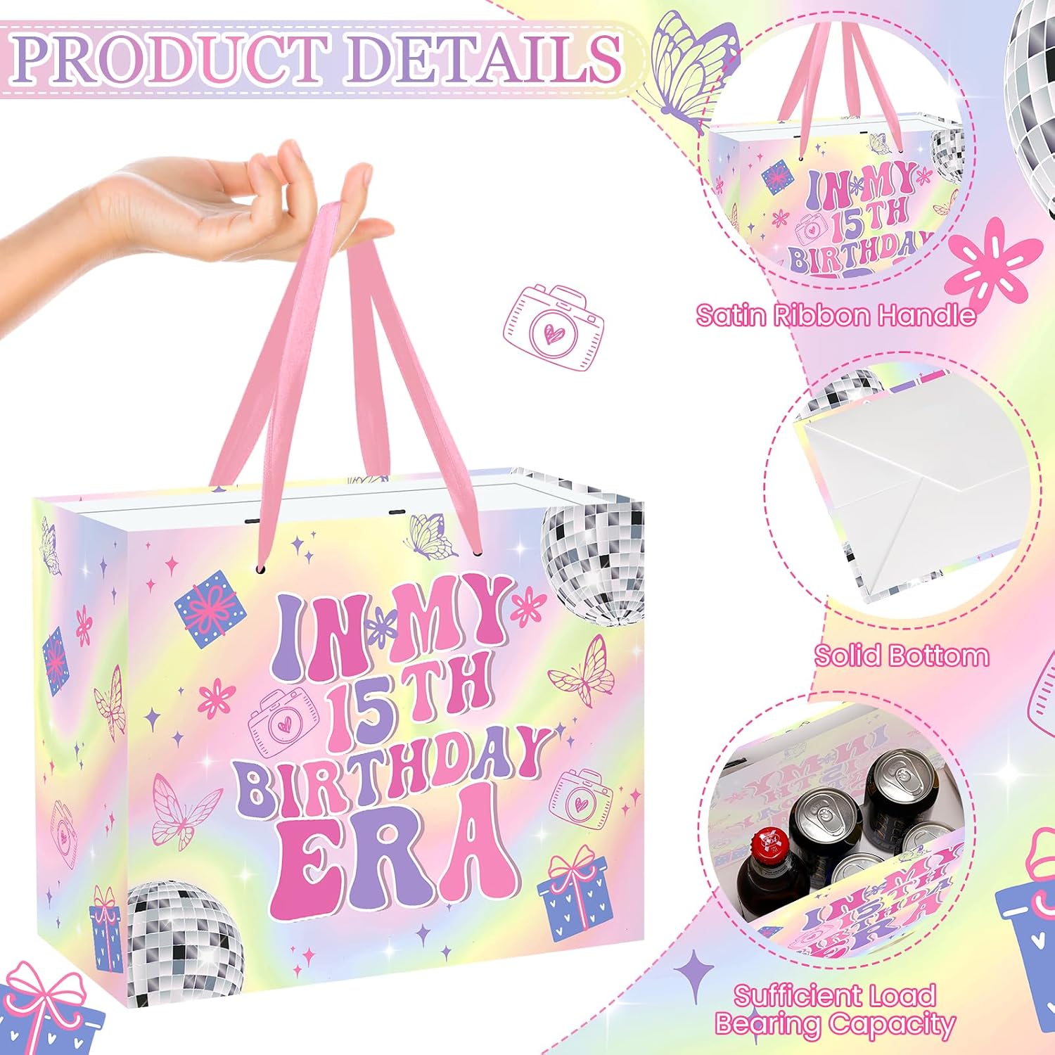 Large 15th Birthday Gift Bag for Girls Iridescent Fifteen Years Old Gift Bag with Purple Pink Wrapping Paper and Card In My 15th Birthday Era Party Decor for Girls 15 Year Old Bday Party Favor Supplies