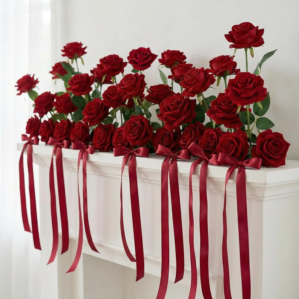 AmyHomie 48 PCS Red Roses, Velvet Realistic Fake Flowers w/Stems