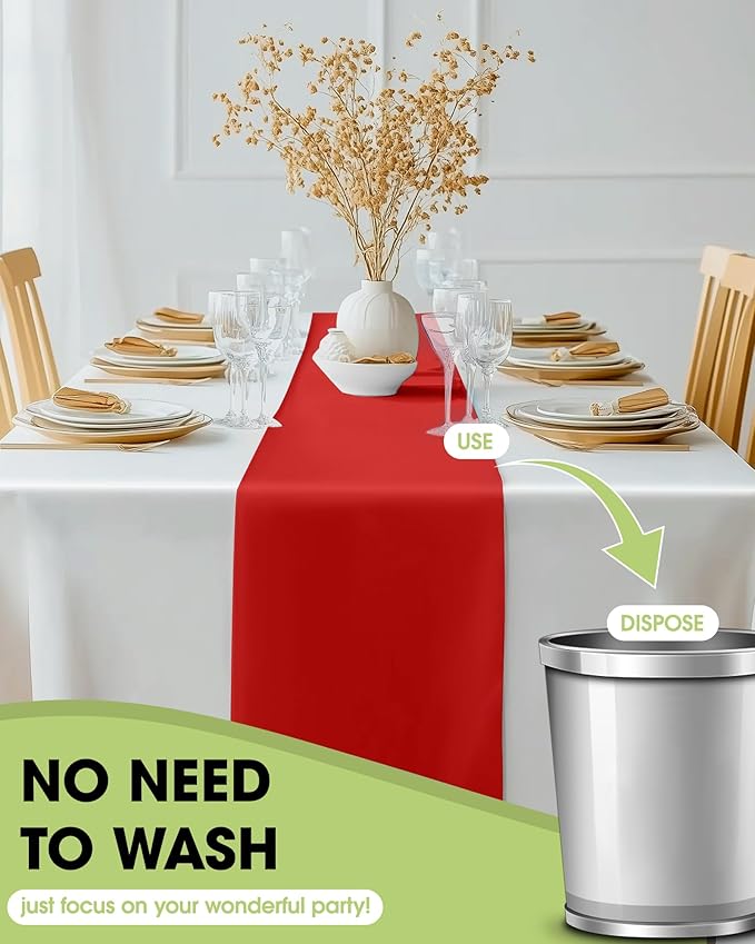 Pureegg Red Plastic Table Runners - 10 Pack, 14'' x 108'', Water Resistant & Disposable Centerpiece Decorations for Table Cloth, Wedding, Birthday, Holiday, Baby Shower, Party, Home Decor