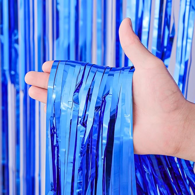 4 Pack Blue Foil Fringe Backdrop Curtains, Tinsel Streamers Birthday Party Decorations, Fringe Backdrop for Graduation, Baby Shower, Gender Reveal, Disco Party