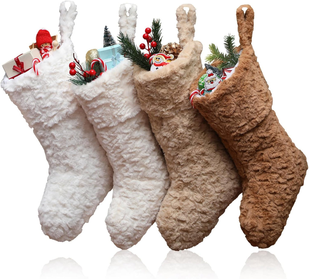 4 Pcs 21 Inch Neutral Personalized Christmas Stockings Bulk with Name Tags, Large Plush Rustic Farmhouse Xmas Stocking Modern Brown Decor for Fireplace Holiday Family(White Beige Camel Light Brown)