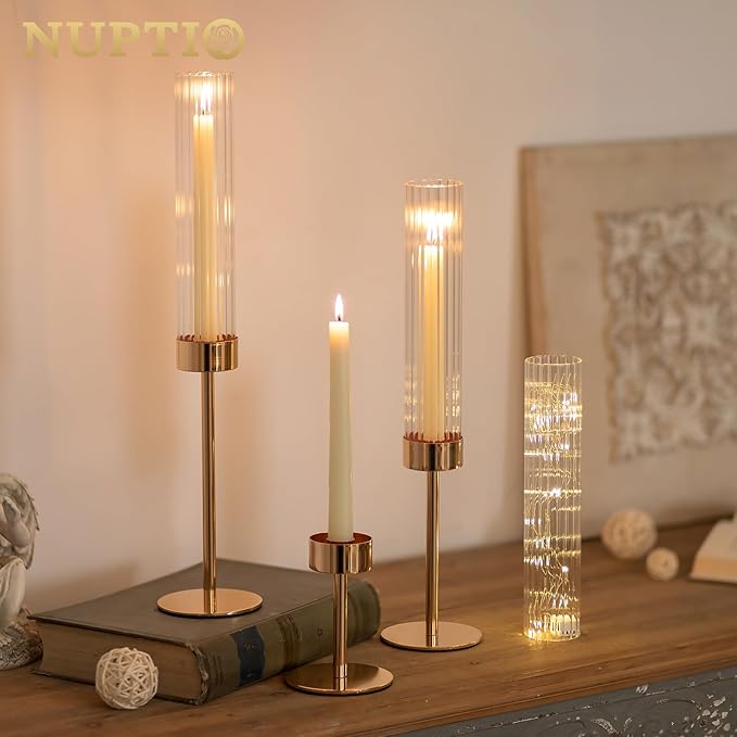 NUPTIO Hurricane Glass Candles Holder: 18 Pcs Gold Taper Candle Stick Holder Bulk - Modern Candlestick Decor with Tall Ribbed Chimney Sleeve for Thanksgiving Christmas Centerpiece