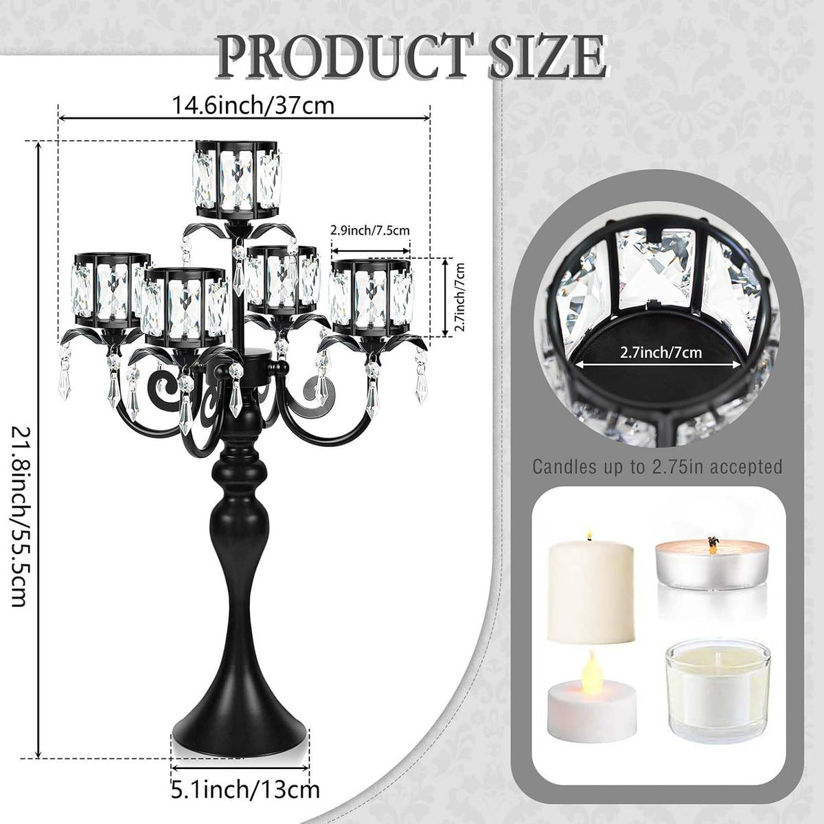 1PC Black 5-Arm Crystal Pendant Metal Candle Holder with Square Crystal Bowl,...