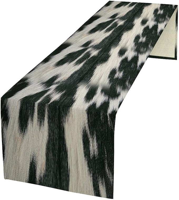 Rustic Cow Skin Print Table Runner, Country Farm Animal Fur Skin Pattern Western Style Brown Cowhide Print Cotton Linen Cottage Dinner Runner for Home Kitchen Dining, 13x36 Inch