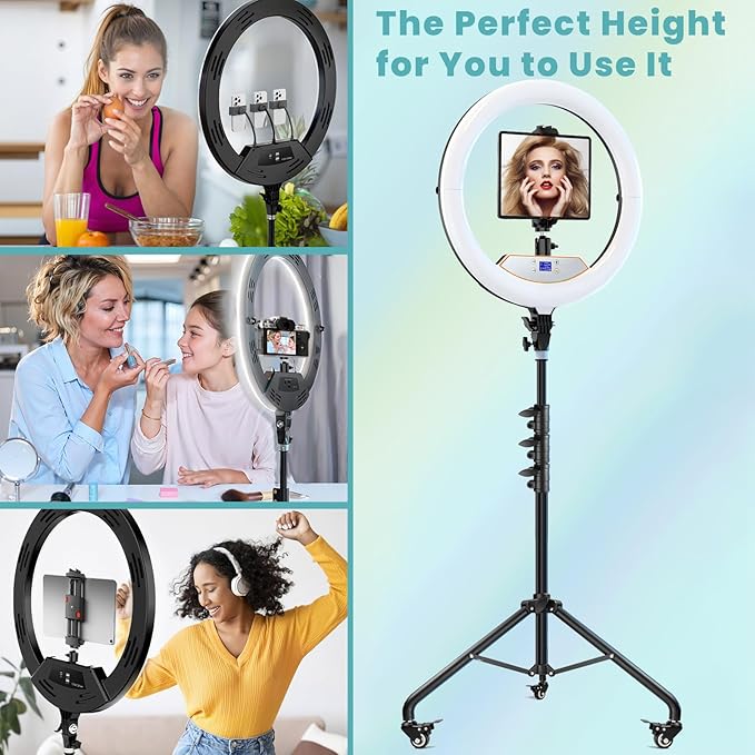 MACTREM 22" Foldable Ring Light with Stand for iPhone ipad, 75" Tripod with Wheels 50W 6500K LED Display/2 USB Ports Large Ringlight Rolling, Tattoo Barber Makeup Studio Video Photography Lighting