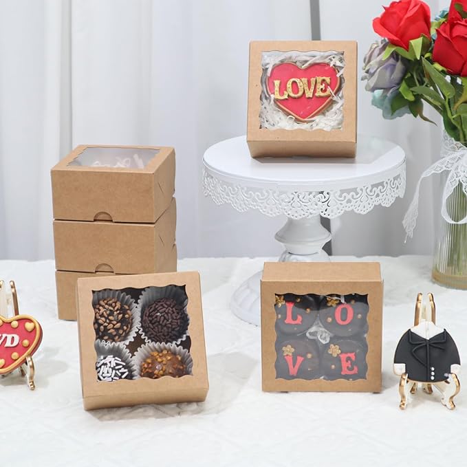 100-Pack 4x4x2 InchesBrown Bakery Boxes - Treat/Cookie/Truffle Boxes for Mini Cakes, Pies & Cinnamon Rolls - Wedding Party Favor Packaging