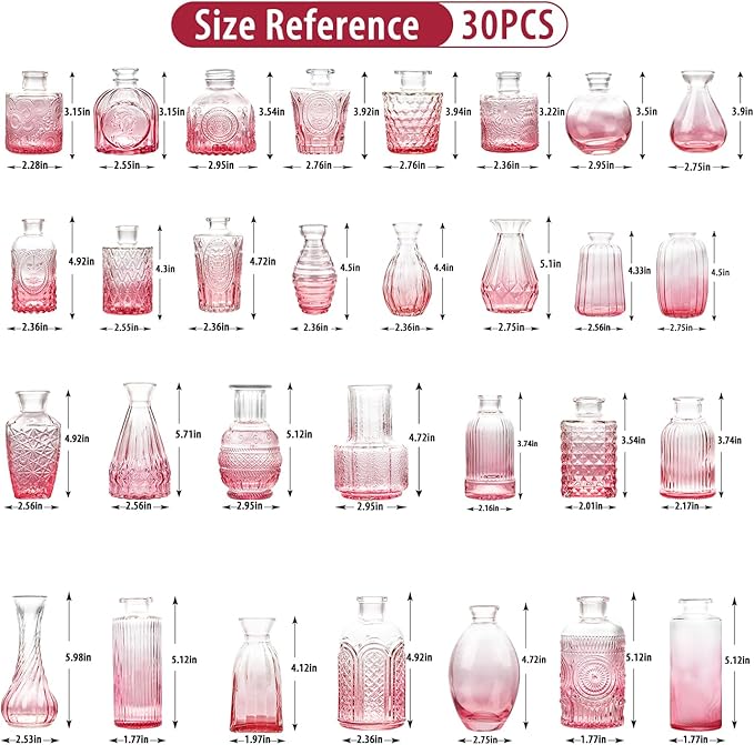 Pink Glass Bud Vase Set of 30, Small Flower Vases in Bulk, Mini Vintage Vases for Centerpieces, Home, Parties, Wedding Table Decoration (30 Pack)