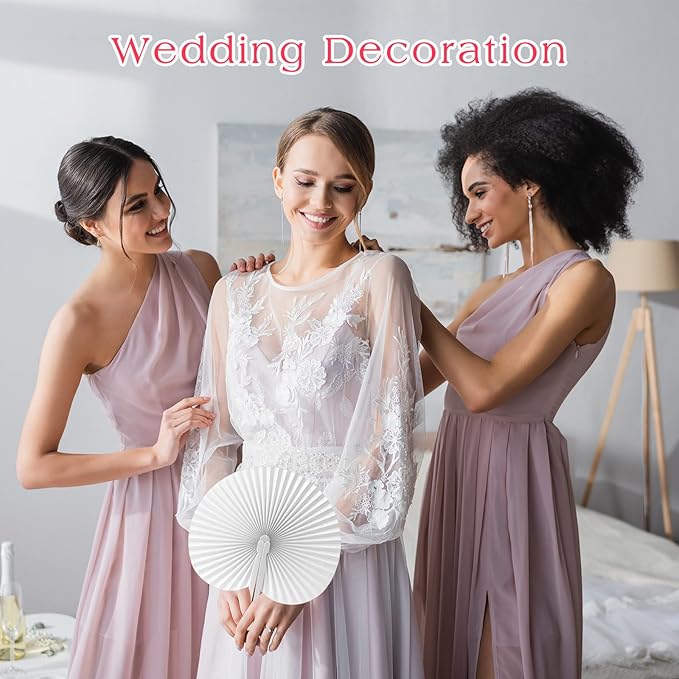 Handepo 200 Pieces Wedding Fans Folding Paper Fans Paper Fans Round Shaped Folding Fans Handheld Fan with Plastic Handle for Wedding Celebration Birthday Party Favor (White)