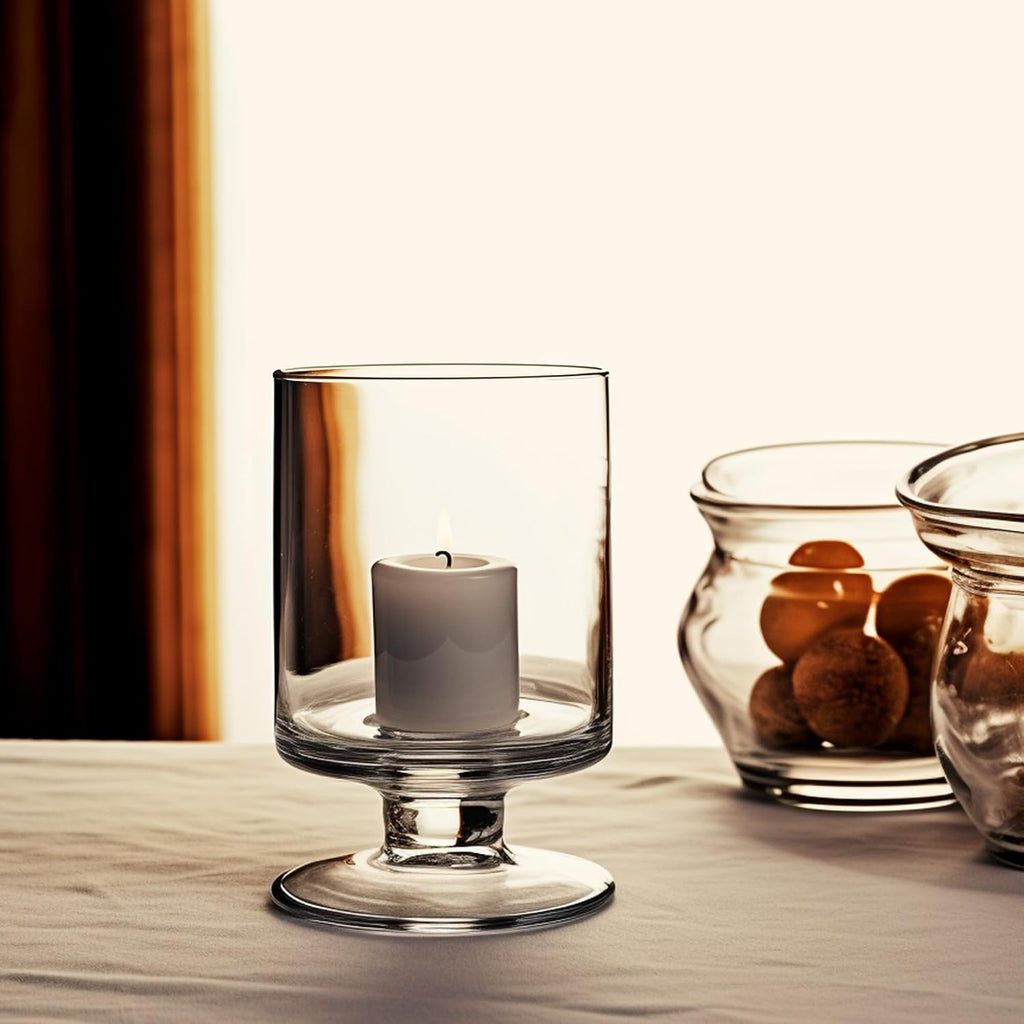 CYS EXCEL Glass Hurricane Pillar Candle Holder (H:8" W:4.75") | Multiple Size Choices Short Stem Candle Centerpieces | Stemmed Glass Cylinder Candle Vase