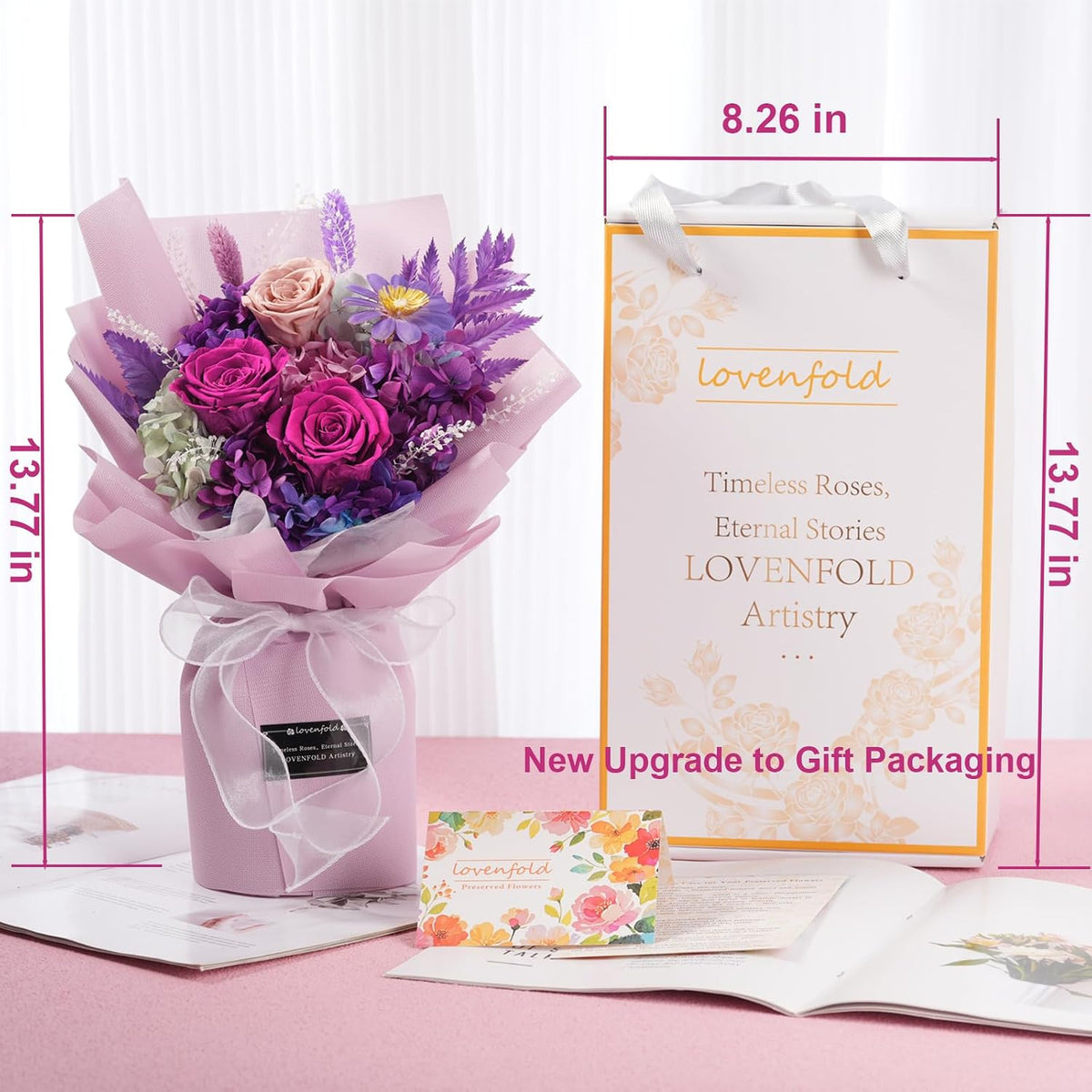 lovenfold preserved flowers for delivery, purple rose bouquets shown in use