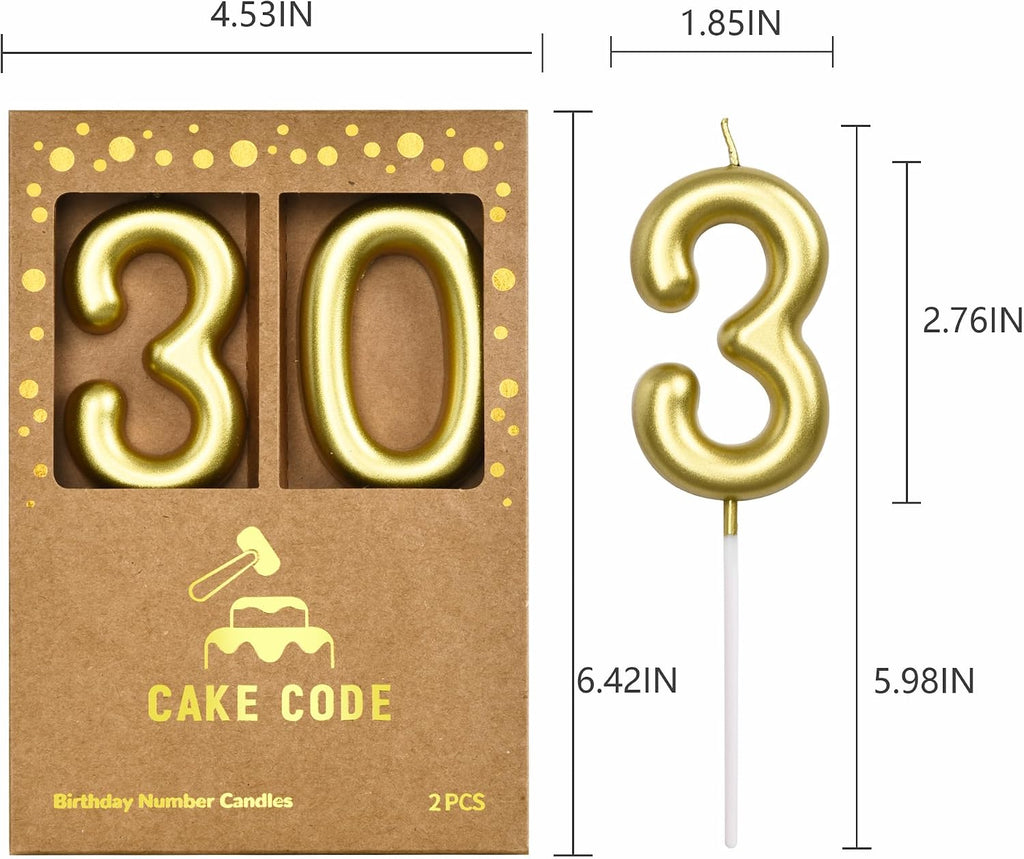 2.76 Inch Classical Gold 30 Number Birthday Candles, Gold and Cake Number Candles for Party Celebration