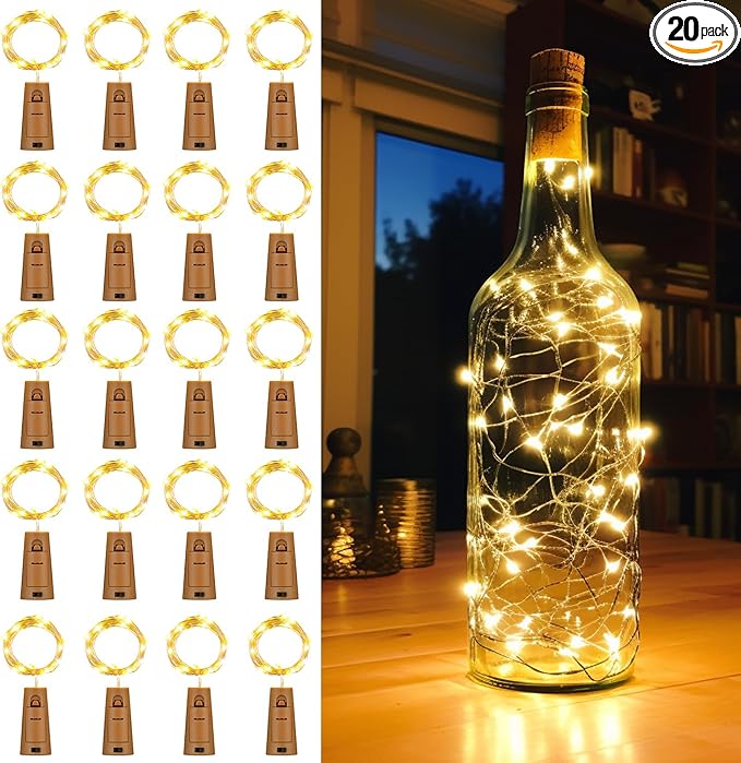 20 Pack Wine Bottle Lights with Cork Battery Operated 3.3ft 20 LED Silver Wire Cork Fairy Lights for Liquor Bottles,Jars,Crafts,Wedding,Party,Centerpieces,Table Decor,Warm White