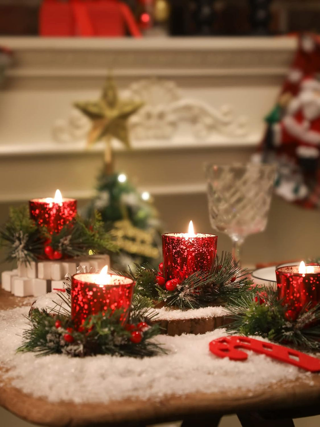 Christmas Candle Ring, 4 Pcs Votive Candle with Red Berry Pinecone, Xmas Ring Candle for Table Centerpiece Decoration Wedding Holiday,Red