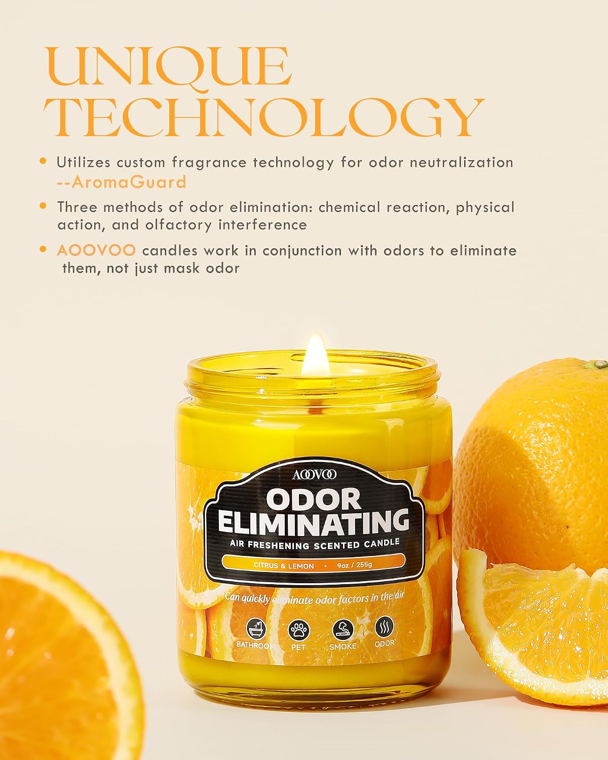AOOVOO Citrus Lemon Odor Eliminating Highly Fragranced Candle - Eliminates 95% of Pet, Smoke, Food, and Other Smells Quickly, Non Toxic Air Freshing Soy Candle, 9 oz Up to 50 Hours Burn time