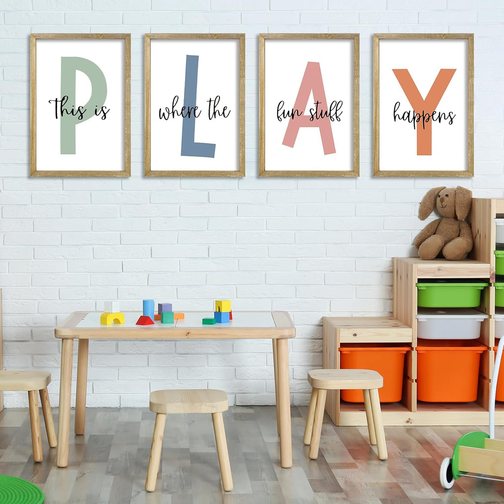 This Is Where The Fun Stuff Happens Kids Playroom Wall Art Decor 16x11 Inch Set Of 4 Rustic Kids Wood Framed Sign Toddler Modren Nursery Interesting Let's Play Prints Wall Hanging (Wood)