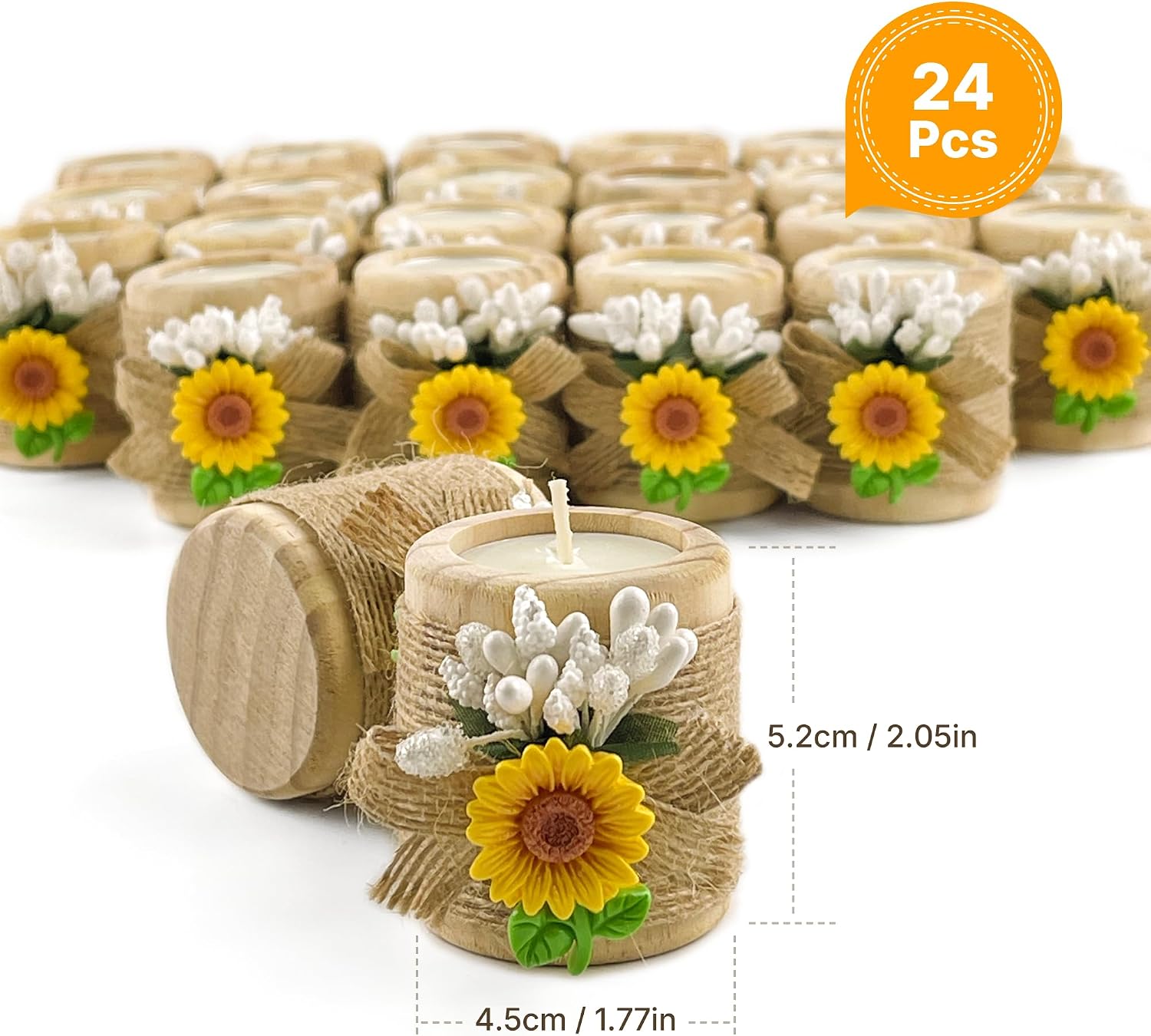 24 Pack Sunflower Wood Tealight Handmade Candle Holders - Wedding, Baby Shower, Baptism Favors & Centerpieces, Cylinder Candles Decorations