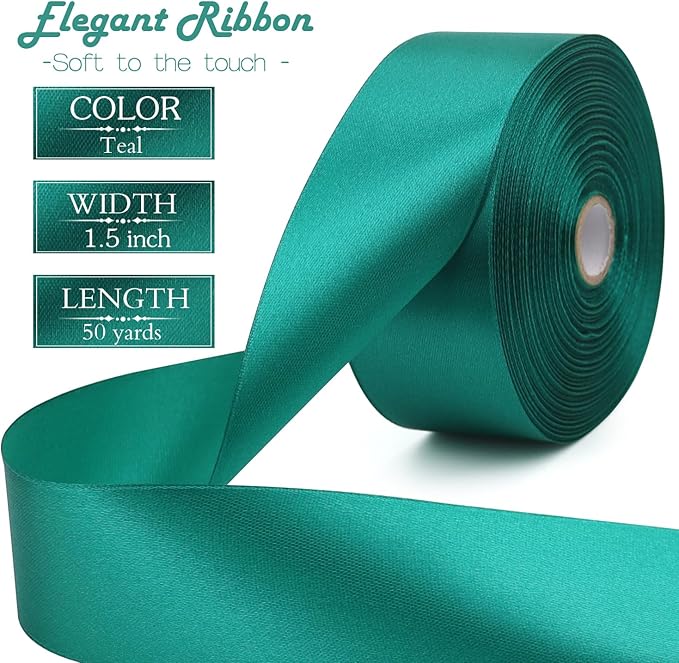 Teal Solid Satin Ribbon 1-1/2 Inch 50 Yards Solid Polyester Fabric Ribbon for Gift Wrapping Wedding Christmas Baby Shower Birthday Party Decoration Handmade Immortal Flower Craft