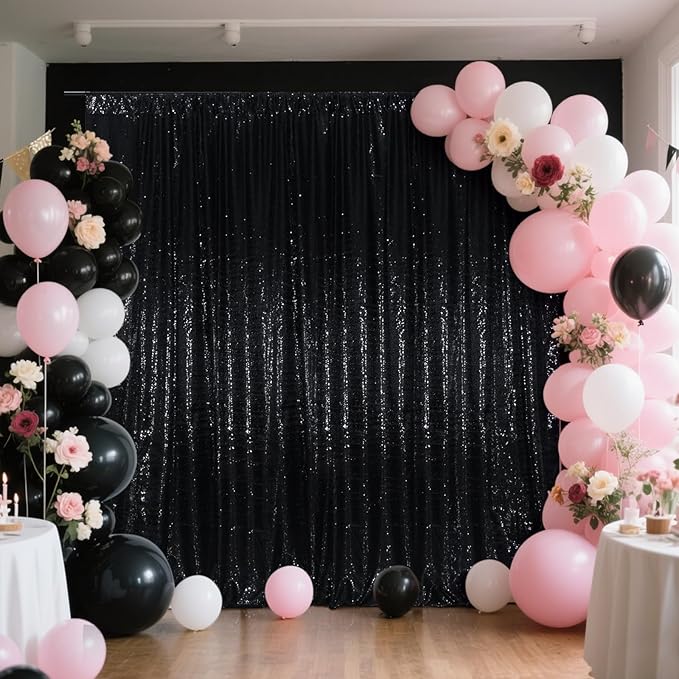 SquarePie Sequin Backdrop Less See Through Thick Background Glitter Curtain for Halloween Party 7FT x 7FT Black