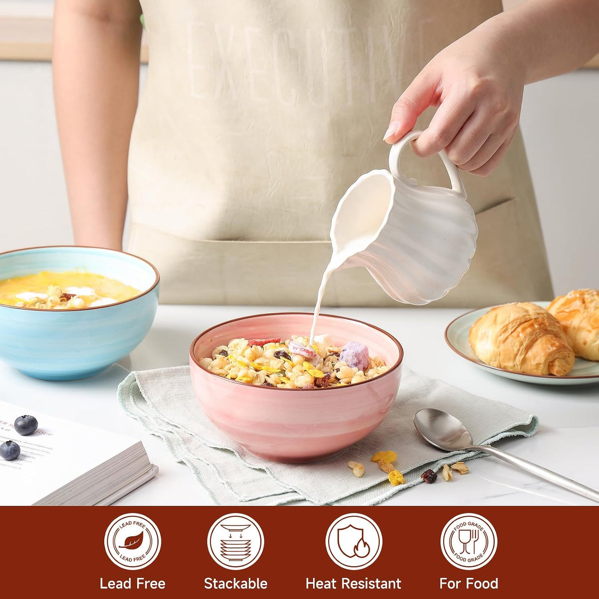 KitchenTour 24 OZ Cereal Bowls Set of 6, Ceramic Soup Bowls for Kitchen, 5.9 ...