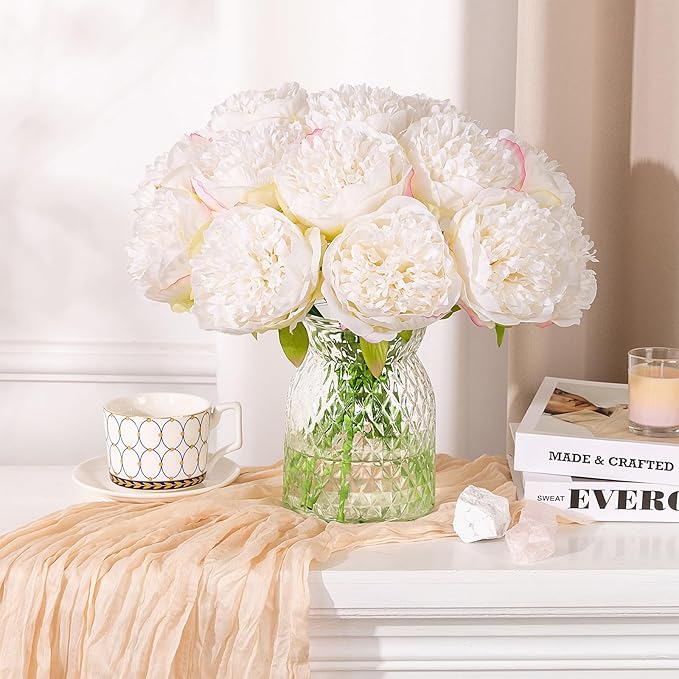 U'Artlines 2 Bouquet 10 Heads Artificial Peony Silk Flower Leaf Home Office Wedding Party Festival Bar Decor (Cream White)