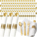 200Guests Pre Rolled Gold Plastic Silverware Sets - Heavy Duty Gold Cutlery - Include 200 Pack Wrapped Disposable Utensils with Napkins for Parties & Dinners & Weddings