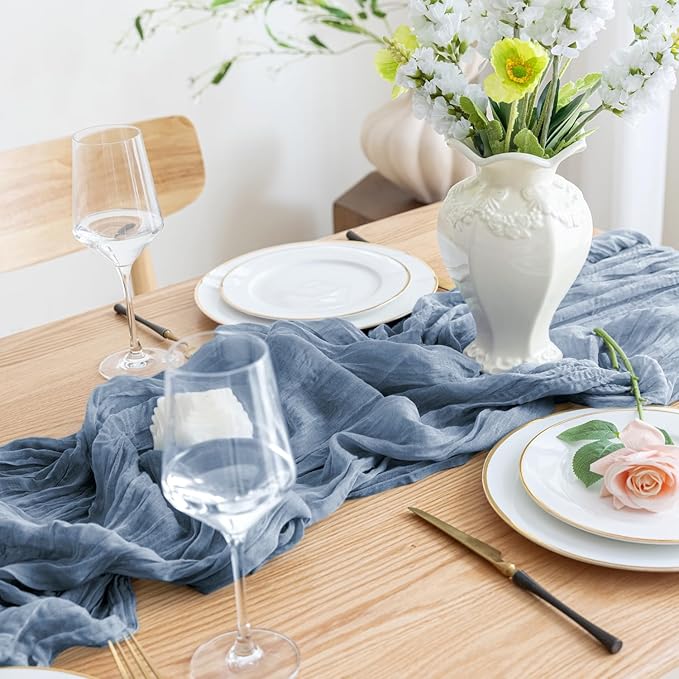 Asee'm 12pcs Cheesecloth Table Runner 120 Inches Long Dusty Blue Boho Gauze Cheese Cloth Runner 10FT Rustic Sheer Table Runners for Christmas Wedding Party Baby Shower Spring Easter Decoration
