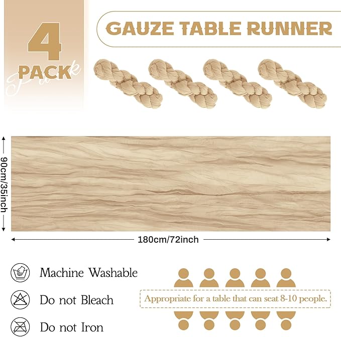 Aktor 4 Pack Beige Table Runner Boho Cheesecloth Table Runner Semi Sheer Gauze Fabric Runners for Wedding Birthday Baby Shower Party Boho Table Decoration（Beige）