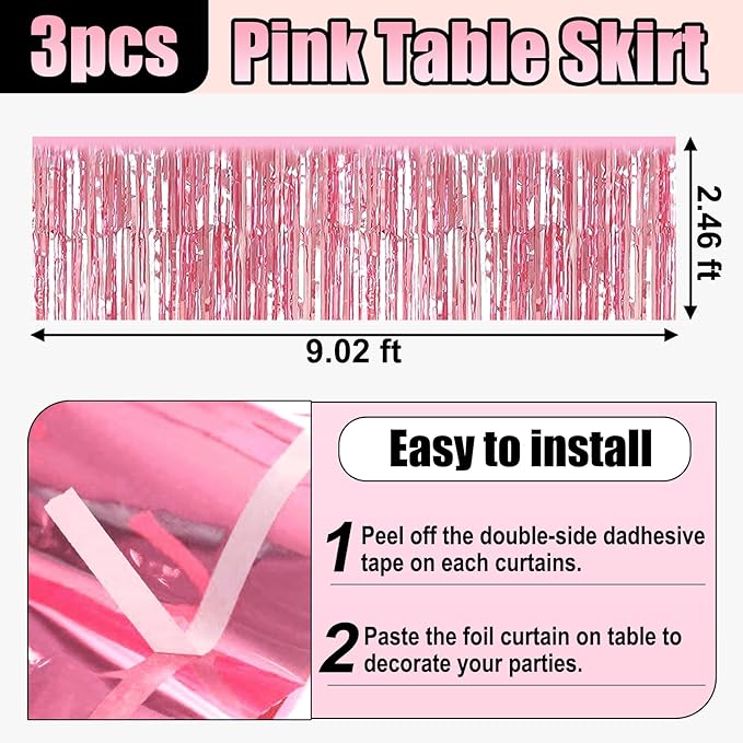 3 Pack 29x108 Inch Pink Foil Fringe Table Skirts Metallic Banner for Tinsel Streamer Garland Backdrop for Parade Floats Wedding Thanksgiving Birthday Christmas Halloween Party Decoration
