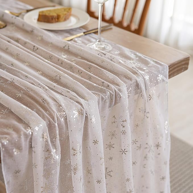 Silvery Snowflake Metallic Print Tulle Christmas Table Runner, Seasonal Winter Kitchen Dining Table Decoration for Home Party Decor 35x120 Inch(Off White)