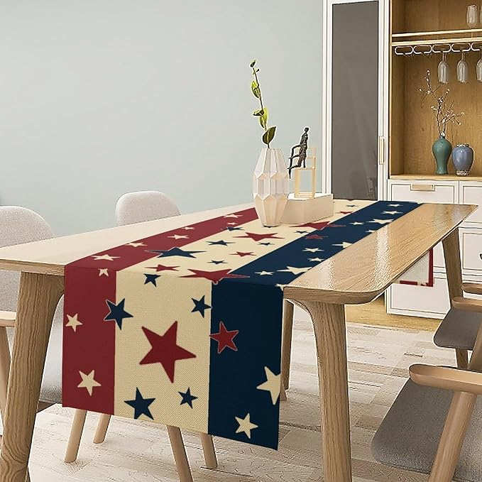 Memorial Day Table Runner, 4th of July American Patriotic Independence Day Stars Stripes Print Table Runne for Summer Holiday USA Home Decoration Party,13x36inch