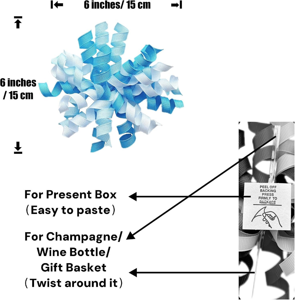 6PCS Blue Self-Adhesive Curly Bows, 6" Pre-Made Bows for Gift Wrap, Grosgrain Ribbon Bow for Basket Decoration, for Champagne, Present Bow for Birthday, Party, Anniversary (Mix Blue, 6 inches)