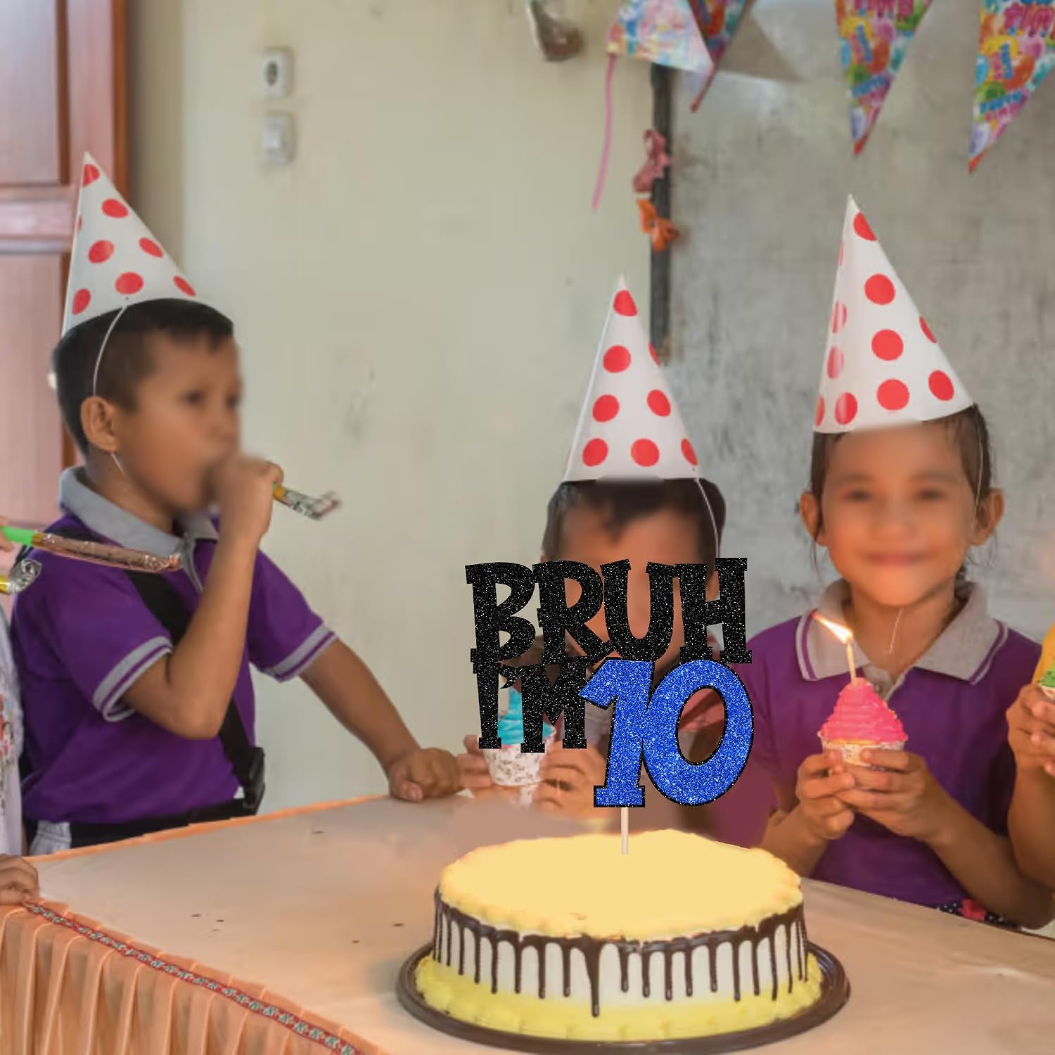 1 PCS Bruh I'm 10 Cake Topper Glitter Happy 10th Birthday Cake Pick Bro I'm 10 Cake Decoration It's My 10th Birthday Decorations for Cheers to 10 Years Old Birthday Anniversary Party Supplies Blue