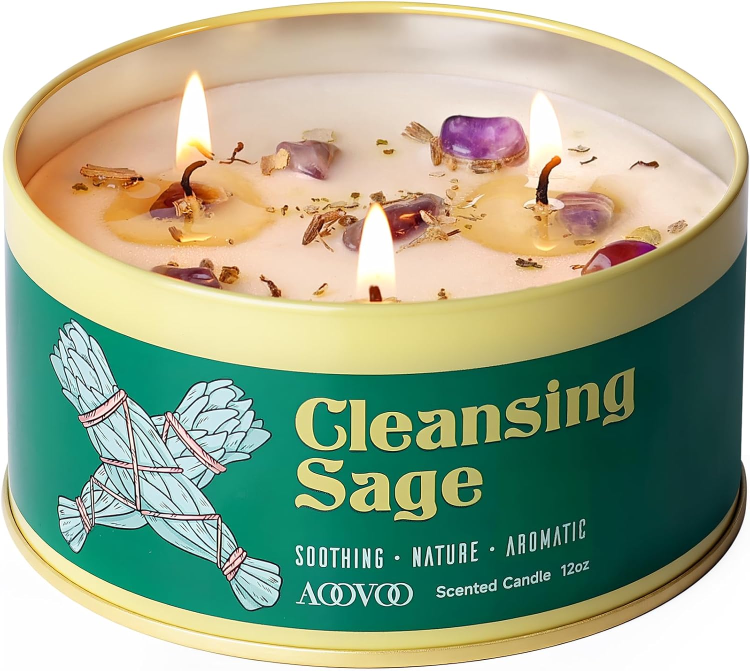 AOOVOO Sage Candle for Cleansing - 3 Wick 12oz Large Scented Candle with Crystals & Sage Leaves Inside, Soy Candles Non Toxic for Meditation Spiritual Gift, Aromatherapy Candle for Women Men