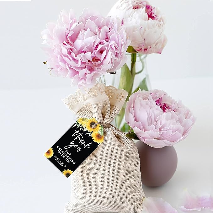 Andaz Press 100-Pack Personalized Thank You For Celebrating With Us Wedding Favor Tags with Bakers Twine Sunflowers Black Background Custom Cardstock Wedding Gift Tags for Party Favors 2 x 3.75-Inches