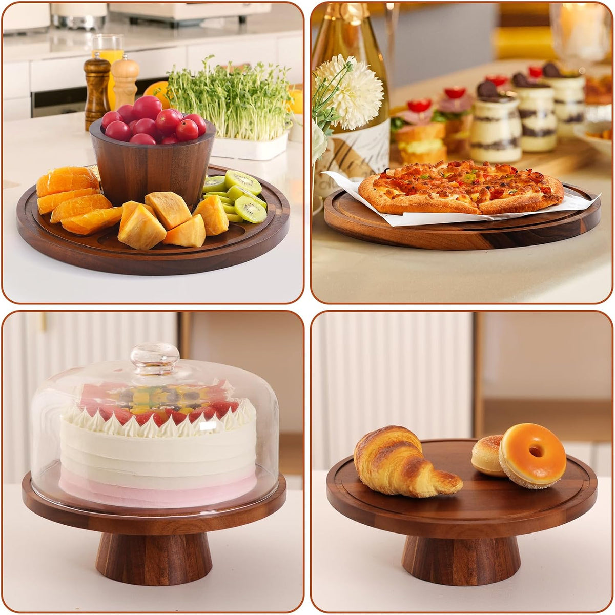 Acacia Wood Cake Stand with Glass Lid–12" Magnetic Base for Parties&...