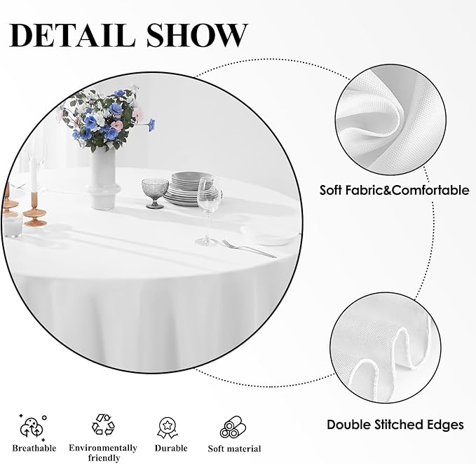 Round Tablecloth 132 Inch 10 Pack White Tablecloths Washable Decorative Linen Polyester Table Clothes Cover for Dining Table Banquets Buffet Parties and Wedding